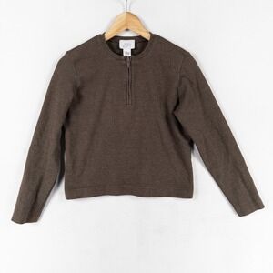 Vintage Ann Taylor LOFT Top Sz Small Brown 1/4 Zip Knit Cotton Stretch Casual